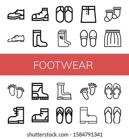 footwear icon set. Collection of Shoe, Shoes, Boots, Flips flops, Valenki, Skirt, Slippers, Socks, Feet, Snow boots, Flip flops, Footprint, Boot, Sandal icons