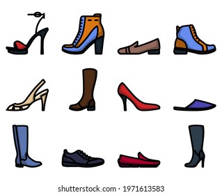 Juego de iconos de calzado. Contorno de negrita editable con diseño de relleno de color. Ilustración vectorial.