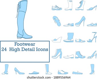 Footwear Icon Set. Thin Line With Blue Fill Design. Vector Illustration.