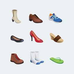 Footwear Icons Emoji Set. Cartoon Illustration Of 9 Footwear Icons For Web. Shoes Fashion Types Icons Set. Set With Different Types Of Women's And Men's Shoes: Ballets, Sneakers, Boots, Flats, Pumps. 