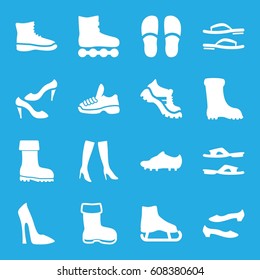Footwear icons set. set of 16 footwear filled icons such as boot, woman shoe, slippers, shoe, woman boots, soccer trainers, trainers, flip flops, ice skate