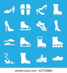 Footwear icons set. set of 16 footwear filled icons such as boot, woman boot, woman shoe, slippers, sandals, shoe, soccer trainers, trainers, ice skate, roller skate