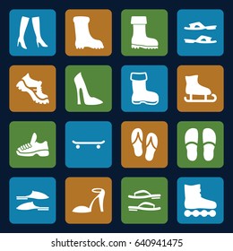 Footwear icons set. set of 16 footwear filled icons such as boot, woman shoe, heel sandals, slippers, woman boots, trainers, flip flops, roller skate, skating