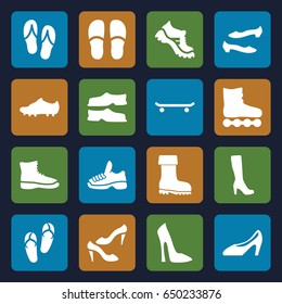 Footwear icons set. set of 16 footwear filled icons such as woman boot, woman shoe, flip flops, slippers, shoe, boot, soccer trainers, trainers, roller skate