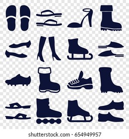Footwear icons set. set of 16 footwear filled icons such as boot, heel sandals, slippers, man shoe, shoe, woman boots, soccer trainers, trainers, flip flops, ice skate