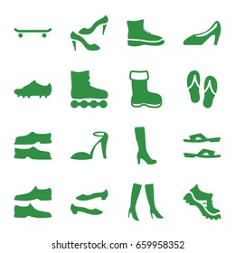 Footwear icons set. set of 16 footwear filled icons such as boot, woman boot, heel sandals, slippers, man shoe, shoe, woman boots, woman shoe, soccer trainers, flip flops