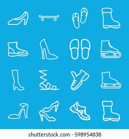 footwear icons set. Set of 16 footwear outline icons such as boot, woman boot, woman shoe, flip flops, heel sandals, slippers, sandals, shoe, trainers, skating, ice skating