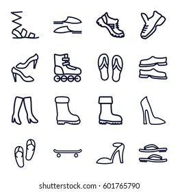 footwear icons set. Set of 16 footwear outline icons such as woman shoe, flip flops, heel sandals, slippers, sandals, shoe, woman boots, boot, trainers, roller skate