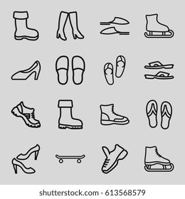 Footwear icons set. set of 16 footwear outline icons such as boot, flip flops, slippers, shoe, woman boots, woman shoe, trainers, skating, ice skating