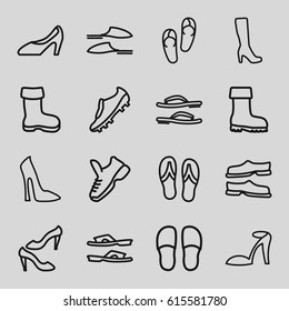 Footwear icons set. set of 16 footwear outline icons such as boot, woman boot, woman shoe, flip flops, heel sandals, slippers, shoe, soccer trainers