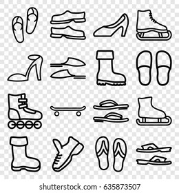 Footwear icons set. set of 16 footwear outline icons such as boot, flip flops, heel sandals, slippers, woman shoe, trainers, roller skate, skating, ice skating