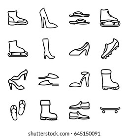 Footwear icons set. set of 16 footwear outline icons such as woman boot, woman shoe, flip flops, heel sandals, slippers, man shoe, shoe, boot, soccer trainers, skating