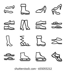 Footwear icons set. set of 16 footwear outline icons such as boot, woman boot, slippers, sandals, man shoe, shoe, woman boots, woman shoe, flip flops, ice skating