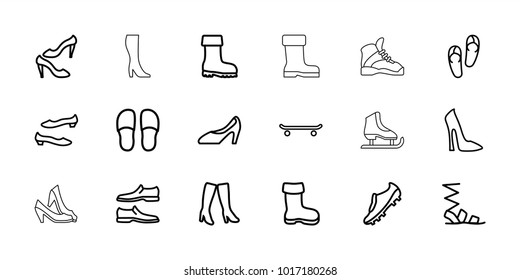 Footwear icons. set of 18 editable outline footwear icons: boot, woman shoe, flip flops, slippers, sandals, man shoe, shoe, woman boots, skating, soccer trainers, woman boot