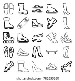 Footwear icons. set of 25 editable outline footwear icons such as boot, woman boot, shoe, woman boots, ice skate, roller skate, skating, ice skating, soccer trainers, trainers