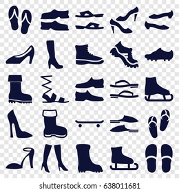 Footwear icons set. set of 25 footwear filled icons such as boot, woman boot, woman shoe, flip flops, heel sandals, slippers, sandals, man shoe, shoe, woman boots