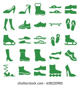 Footwear icons set. set of 25 footwear filled icons such as boot, woman boot, woman shoe, flip flops, heel sandals, slippers, sandals, man shoe, shoe, woman boots