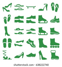 Footwear icons set. set of 25 footwear filled icons such as boot, woman boot, woman shoe, flip flops, heel sandals, slippers, sandals, man shoe, shoe, soccer trainers