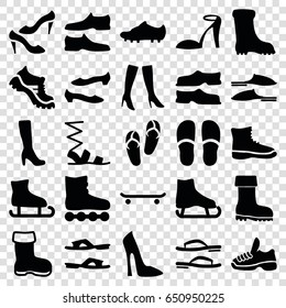Footwear icons set. set of 25 footwear filled icons such as boot, woman boot, woman shoe, flip flops, heel sandals, slippers, sandals, man shoe, shoe, woman boots