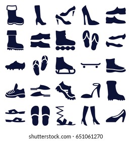 Footwear icons set. set of 25 footwear filled icons such as boot, woman boot, woman shoe, flip flops, heel sandals, slippers, sandals, man shoe, shoe, woman boots