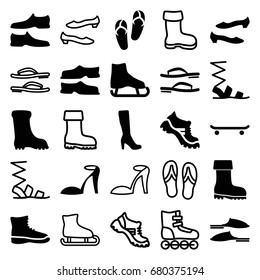 Footwear icons set. set of 25 footwear filled and outline icons such as woman boot, flip flops, heel sandals, slippers, sandals, man shoe, shoe, boot, ice skate, skating