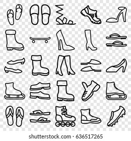 Footwear icons set. set of 25 footwear outline icons such as boot, woman boot, woman shoe, flip flops, heel sandals, slippers, sandals, shoe, woman boots, soccer trainers