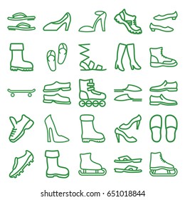 Footwear icons set. set of 25 footwear outline icons such as boot, woman shoe, flip flops, heel sandals, slippers, sandals, man shoe, shoe, woman boots, soccer trainers