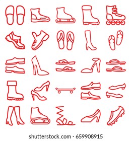 Footwear icons set. set of 25 footwear outline icons such as woman boot, woman shoe, flip flops, heel sandals, slippers, sandals, man shoe, shoe, woman boots, boot