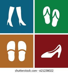 Footwear icons set. set of 4 footwear filled icons such as slippers, woman boots, woman shoe