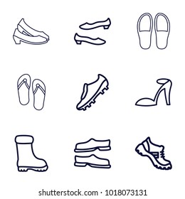 Footwear icons. set of 9 editable outline footwear icons such as heel sandals, slippers, shoe, boot, soccer trainers