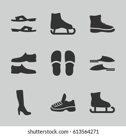 Footwear icons set. set of 9 footwear filled icons such as woman boot, slippers, man shoe, trainers, ice skate, boot