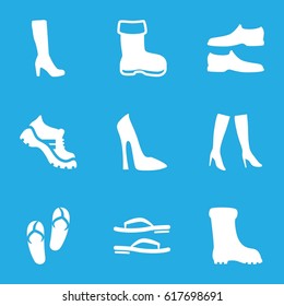 Footwear icons set. set of 9 footwear filled icons such as boot, woman boot, woman shoe, flip flops, man shoe