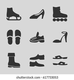 Footwear icons set. set of 9 footwear filled icons such as heel sandals, slippers, man shoe, boot, woman shoe, trainers, ice skate