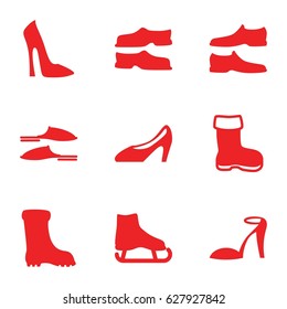 Footwear icons set. set of 9 footwear filled icons such as boot, woman shoe, heel sandals, slippers, man shoe