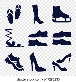 Footwear icons set. set of 9 footwear filled icons such as woman boot, woman shoe, flip flops, slippers, sandals, man shoe, shoe, boot