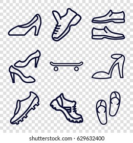 Footwear icons set. set of 9 footwear outline icons such as flip flops, heel sandals, man shoe, shoe, boot, woman shoe, soccer trainers, trainers