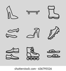 Footwear icons set. set of 9 footwear outline icons such as boot, woman shoe, heel sandals, slippers, man shoe, shoe, soccer trainers, roller skate