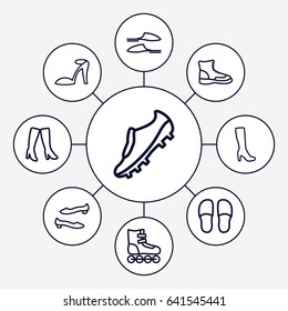 Footwear icons set. set of 9 footwear outline icons such as woman boot, heel sandals, slippers, shoe, woman boots, soccer trainers, boot