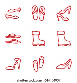 Footwear icons set. set of 9 footwear outline icons such as boot, flip flops, heel sandals, shoe