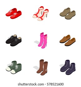 Footwear icons set. Isometric 3d illustration of 9 footwear vector icons for web