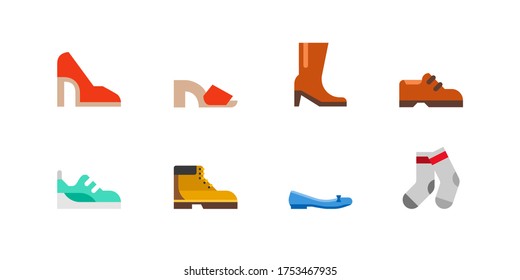 Footwear Icons Set Vector. Men and Women Shoe Icons. Isolated sexy red high heel shoe, sandal, boot, sneaker, loafer, socks cartoon style flat illustration