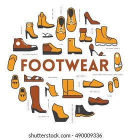 Footwear Line Art Thin Vector Icons Set with Boots and Shoes