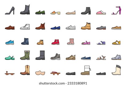 Iconos de la línea de calzado, zapatos, zapatillas y botas, pictogramas de desgaste de los pies de la moda vectorial. Iconos de zapatos de zapatillas deportivas, tacones altos y sandalias de cuero para mujeres, chanclas para niños y trébol para hombres o trébol