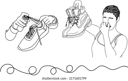 Footwear perfume logo, sketch drawing of woman holding her nose because of foul smell of shoe, Smell, shoes, women Stock Vectors