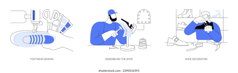 Footwear production abstract concept vector illustration set. Footwear sewing, professional shoemaker assembling the shoe, shoe decoration, sneakers repair, sewing shoe at factory abstract metaphor.