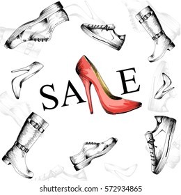 Footwear sale. Sale of men's and women's shoes. Vector illustration. Shoes sale, Hand Drawn Doodle Illustration with Text. Trendy fashion shoes. Footwear  sketch watercolor isolated. Spring Sale