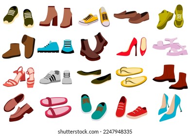 Footwear set concept without people scene in the flat cartoon design. Images of different types of men's and women's shoes. Vector illustration.