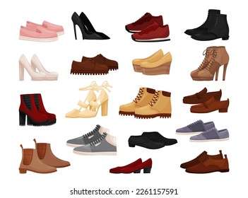 Juego de calzado. Zapatos masculinos y femeninos de moda, botas, tacones altos ilustración vectorial