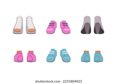 Footwear set, front or back view. Stylish fashion female shoes, sneakers and high heels cartoon vector illustration