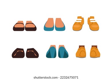 Juego de calzado. Vista frontal de zapatos machos y hembras, botas, sneakers ilustración vectorial